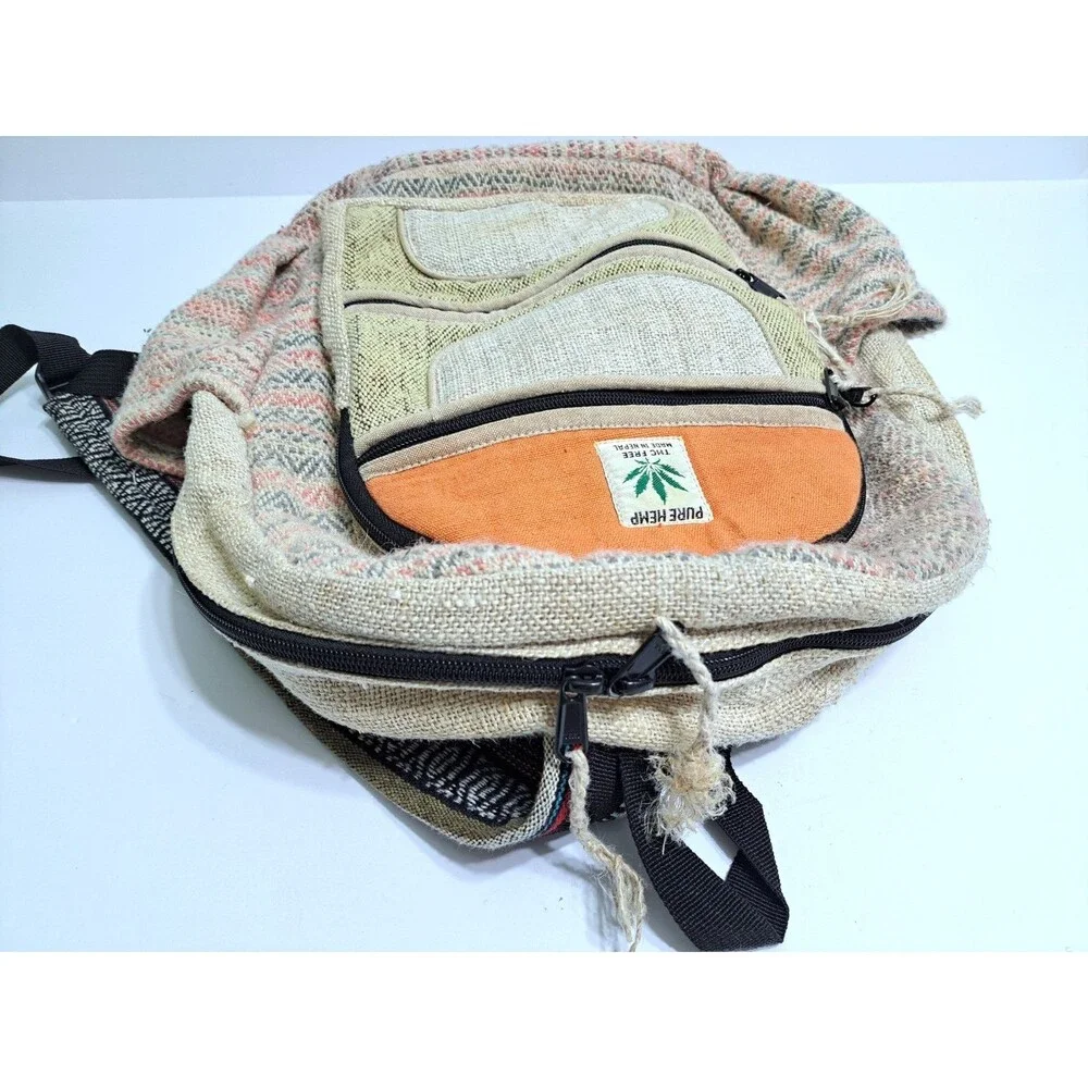 Himalayan Hemp THC Free Multi Color Handmade Backpack Nepal Pink Green Orange